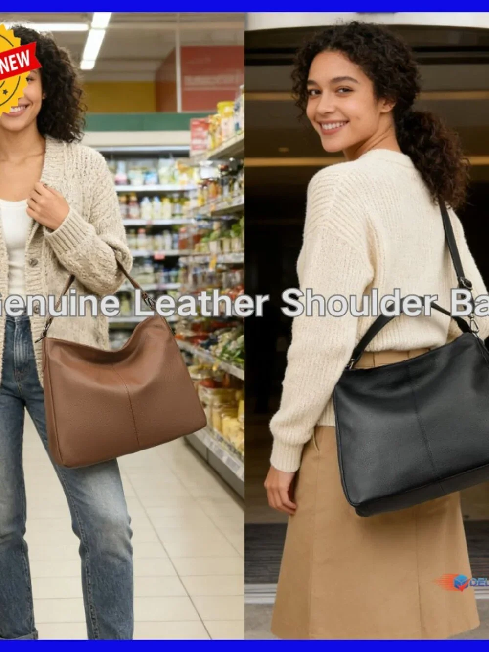 Large Genuine Leather Hobo Tote with Detachable Straps, Crossbody Shoulder Bag